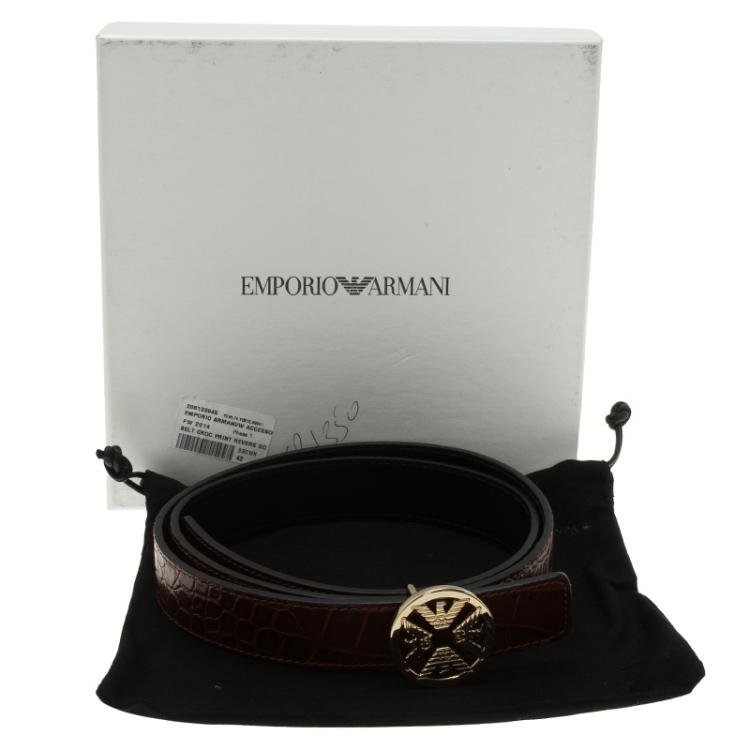 Pre Owned Emporio Armani Brown Croc Embossed and Black Leather Reversible Belt Size 42 