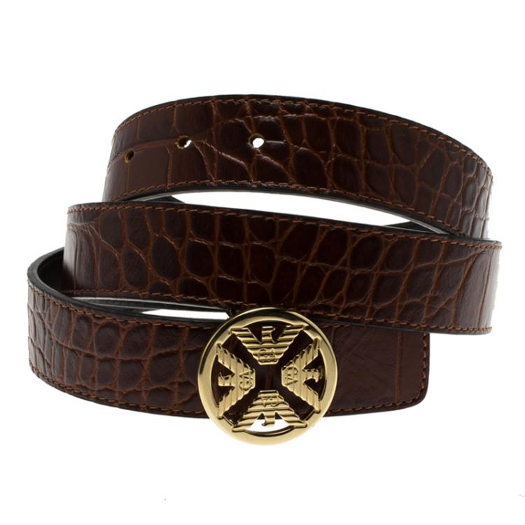 Pre Owned Emporio Armani Brown Croc Embossed and Black Leather Reversible Belt 100 CM