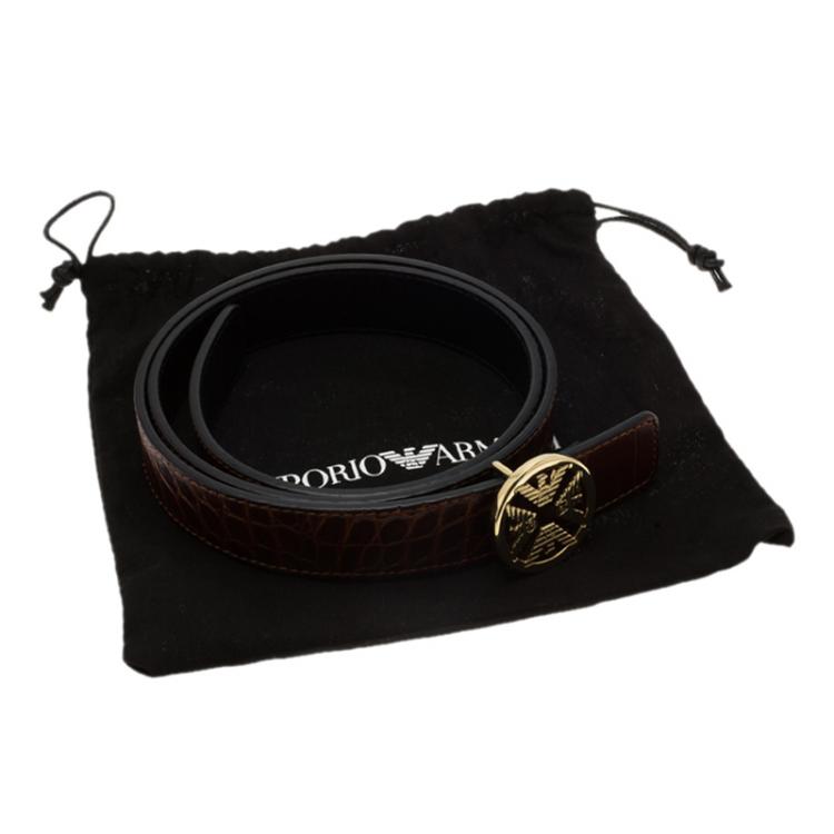 Pre Owned Emporio Armani Brown Croc Embossed and Black Leather Reversible Belt 100 CM