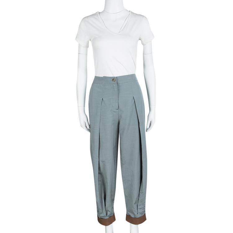 Pre Owned Emporio Armani Grey Leather Cuff Detail High Waist Pants M