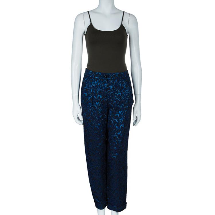 Pre Owned Emporio Armani Blue Metallic Brocade Pants S