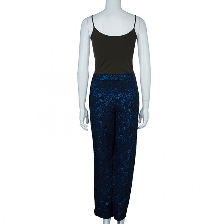 Pre Owned Emporio Armani Blue Metallic Brocade Pants S