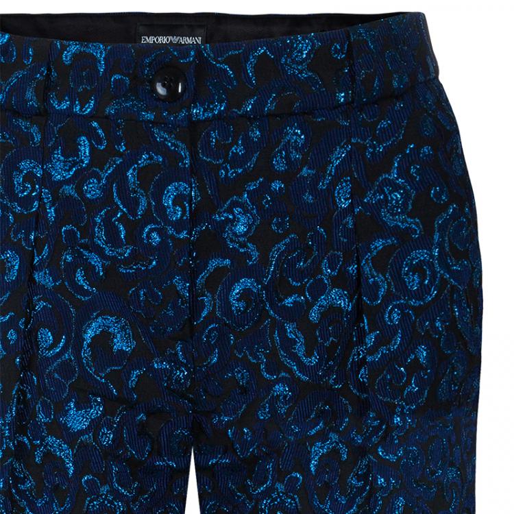 Pre Owned Emporio Armani Blue Metallic Brocade Pants S