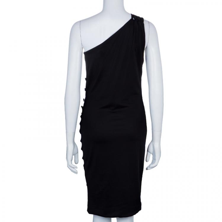 Pre Owned Emporio Armani Black One Shoulder Button Detail Dress M