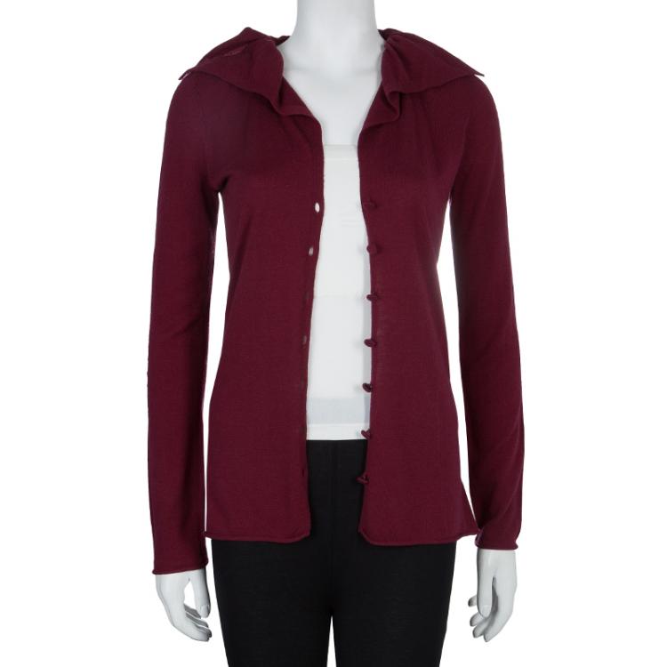 Pre Owned Emporio Armani Maroon Sequin Ruffle Collar Detail Long Sleeve Buttondown Cardigan M