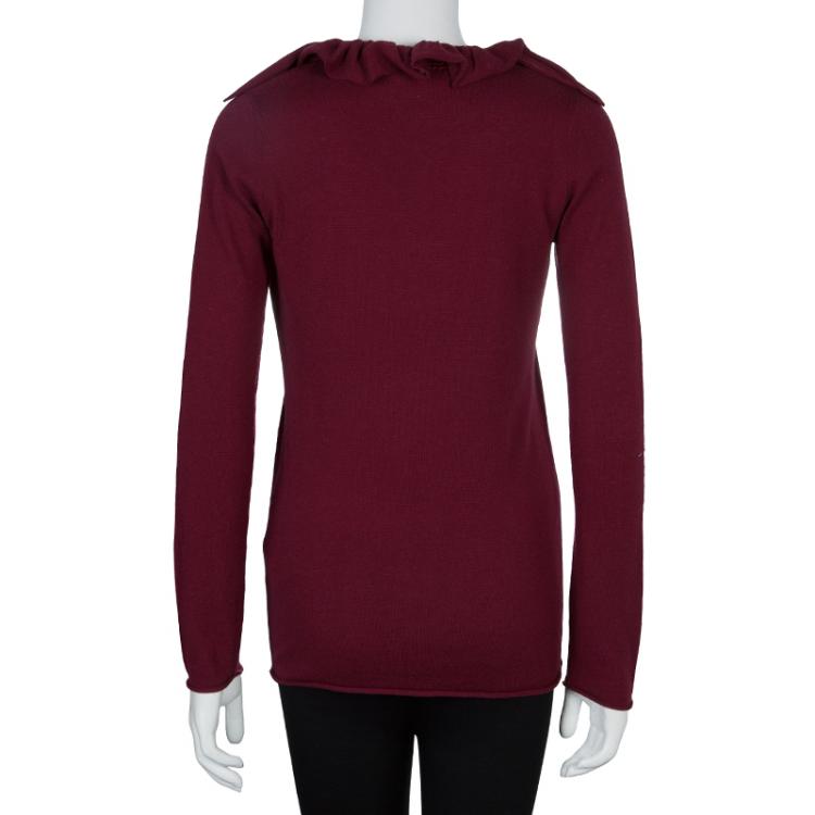 Pre Owned Emporio Armani Maroon Sequin Ruffle Collar Detail Long Sleeve Buttondown Cardigan M
