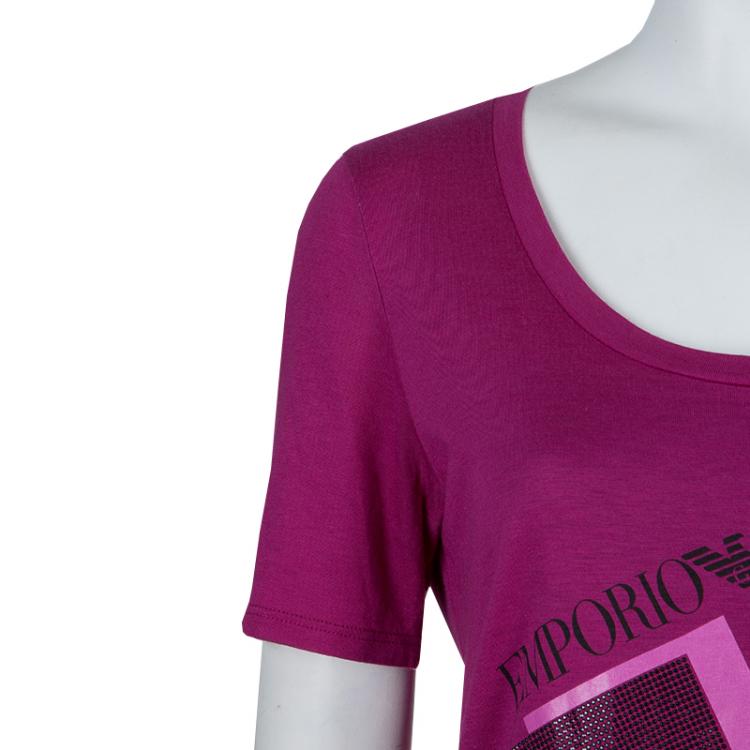 Pre Owned Emporio Armani Pink Studded Logo T-Shirt L