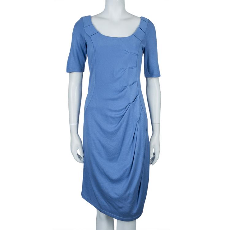 Pre Owned Emporio Armani Blue Knit Ruched Dress L