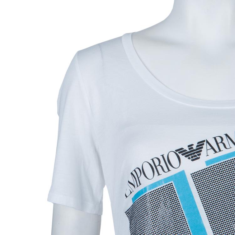 Pre Owned Emporio Armani White Studded Logo T-Shirt L