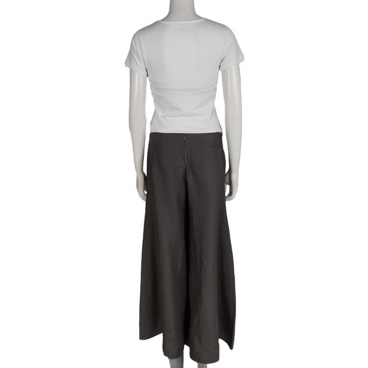 Pre Owned Emporio Armani Grey Linen High Waist Wide Leg Pants M
