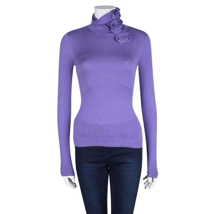 Emporio Armani Purple Knit Floral Applique Turtleneck Detail Long Sleeve Top S Emporio Armani TLC