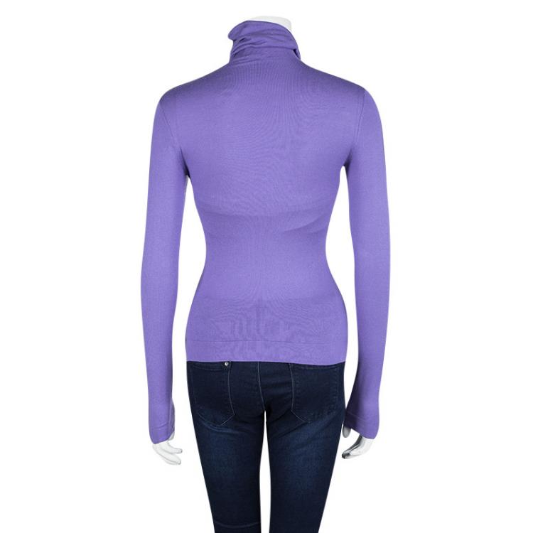 Pre Owned Emporio Armani Purple Knit Floral Applique Turtleneck Detail Long Sleeve Top S