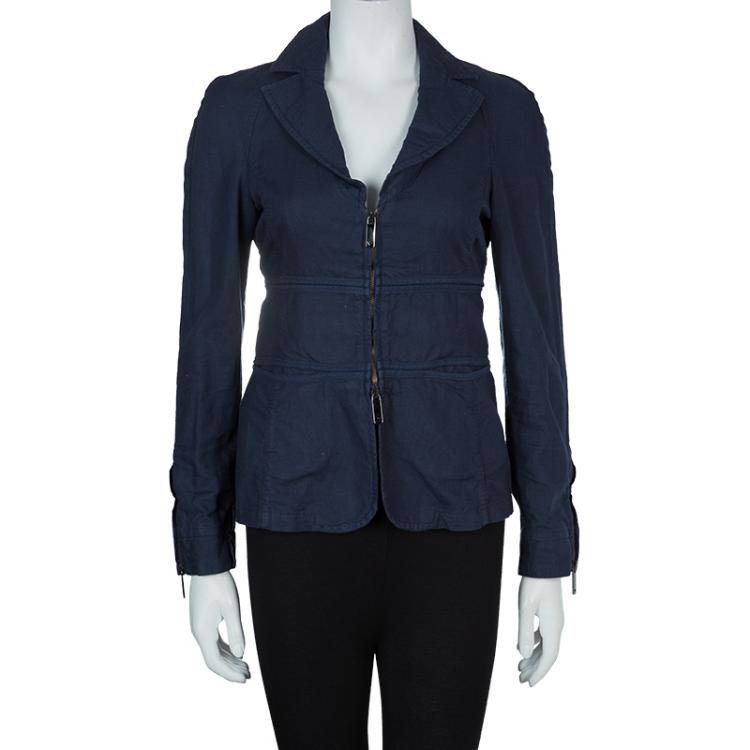 Pre Owned Emporio Armani Navy Blue Notched Collar Cotton-Linen Jacket S
