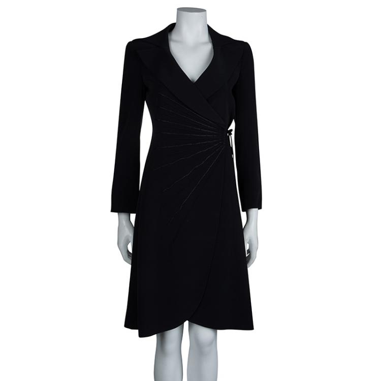 Pre Owned Emporio Armani Black Yarn Embroidered Side Tie Detail Long Blazer S