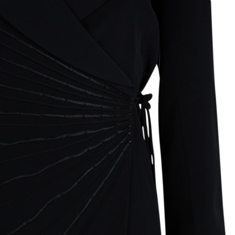 Pre Owned Emporio Armani Black Yarn Embroidered Side Tie Detail Long Blazer S
