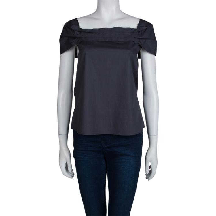 Pre Owned Emporio Armani Grey Cotton Pleat Detail Cap Sleeve Top L