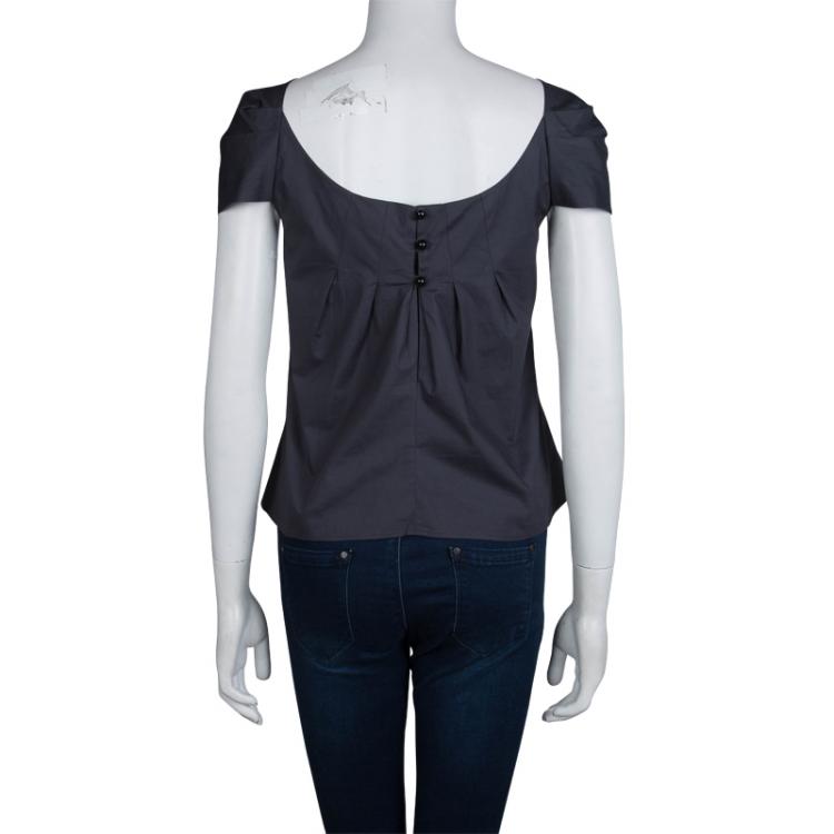 Pre Owned Emporio Armani Grey Cotton Pleat Detail Cap Sleeve Top L