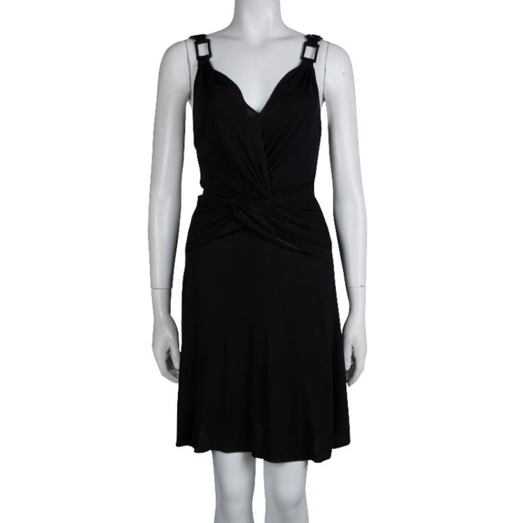 مملوكة مسبقًا Emporio Armani Black Knit Buckle Strap Detail Gathered Dress M