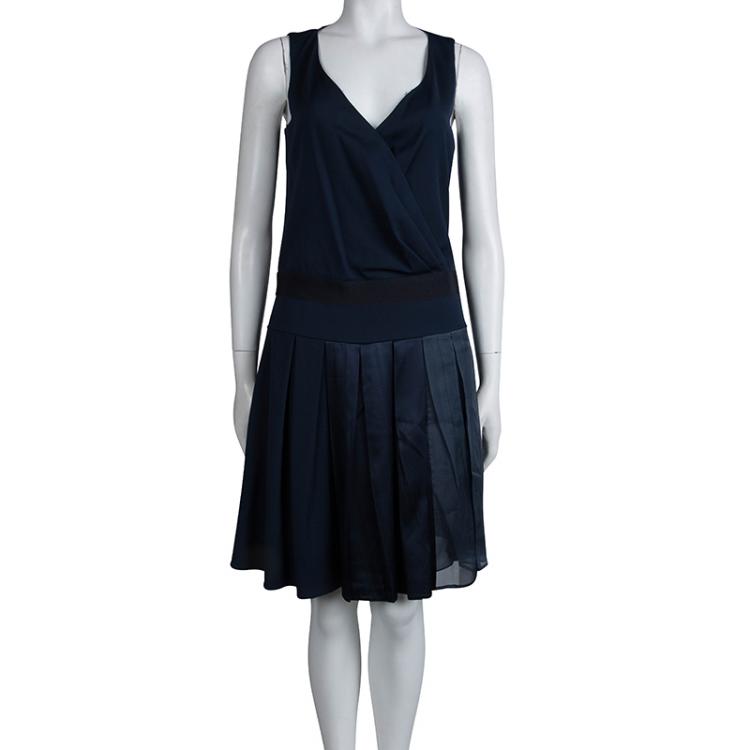 Pre Owned Emporio Armani Navy Blue Box Pleated Overlap Sleeveless Dress S                                    