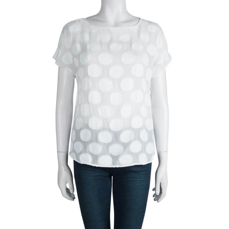 Pre Owned Emporio Armani White Polka Dot Chiffon Jacquard Short Sleeve Top M