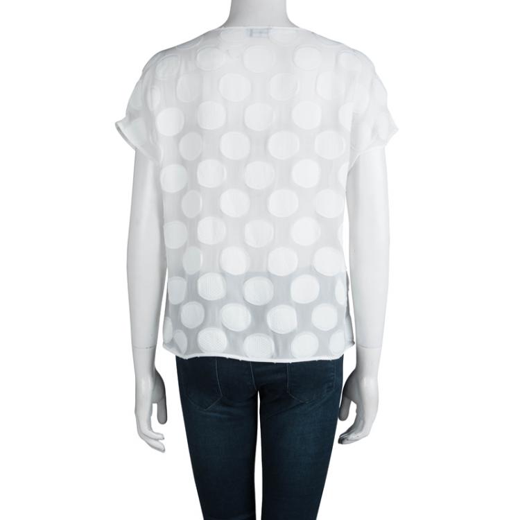 Pre Owned Emporio Armani White Polka Dot Chiffon Jacquard Short Sleeve Top M
