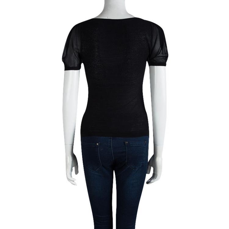 Pre Owned Emporio Armani Black Rib Knit Short Sleeve Top S