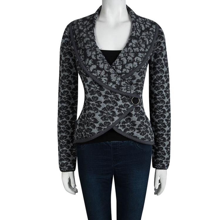 Pre Owned Emporio Armani Grey Floral Lurex Jacquard Cropped Cardigan M