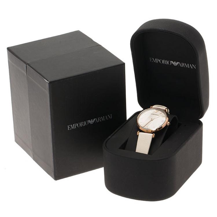 Pre Owned Emporio Armani Silver Rose Gold-Plated Stainless Steel AR1769 Women's Wristwatch 32MM