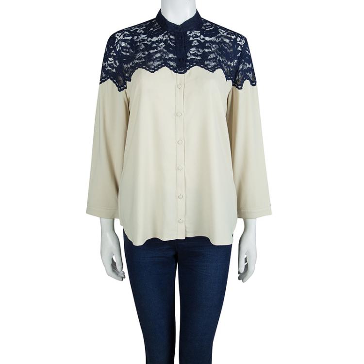 Pre Owned Erdem Beige Contrast Lace Detail Long Sleeve Buttondown Shirt L