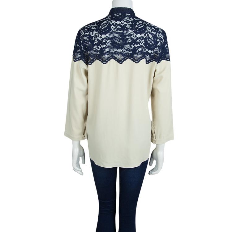 Pre Owned Erdem Beige Contrast Lace Detail Long Sleeve Buttondown Shirt L