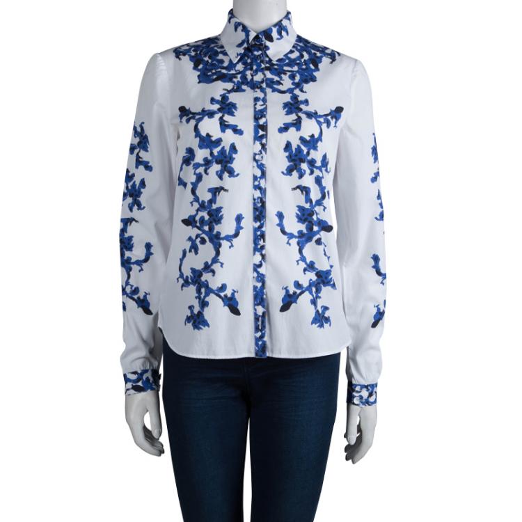 Pre Owned Erdem White and Blue Printed Long Sleeve Button Front Cotton Shirt S