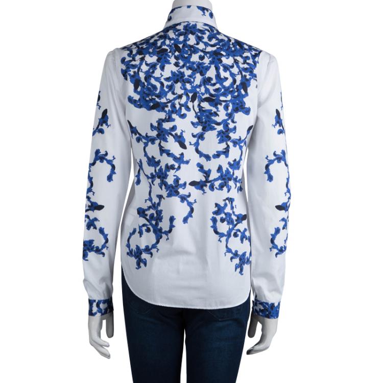 Pre Owned Erdem White and Blue Printed Long Sleeve Button Front Cotton Shirt S