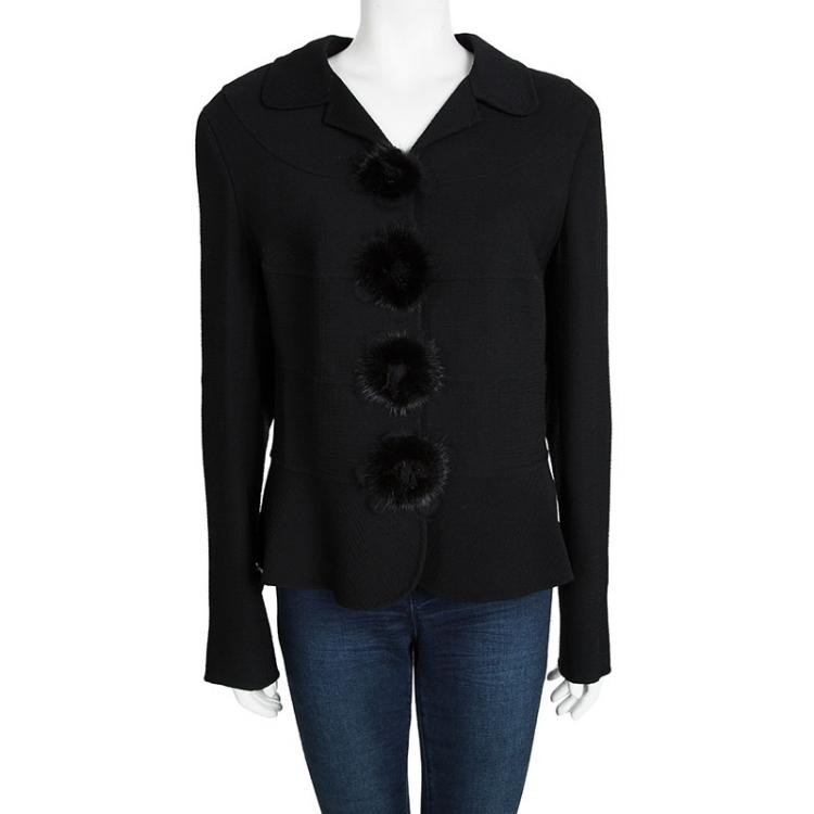 Pre Owned Escada Black Textured Wool Mink Trim Jacket M