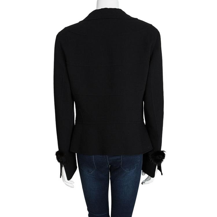 Pre Owned Escada Black Textured Wool Mink Trim Jacket M