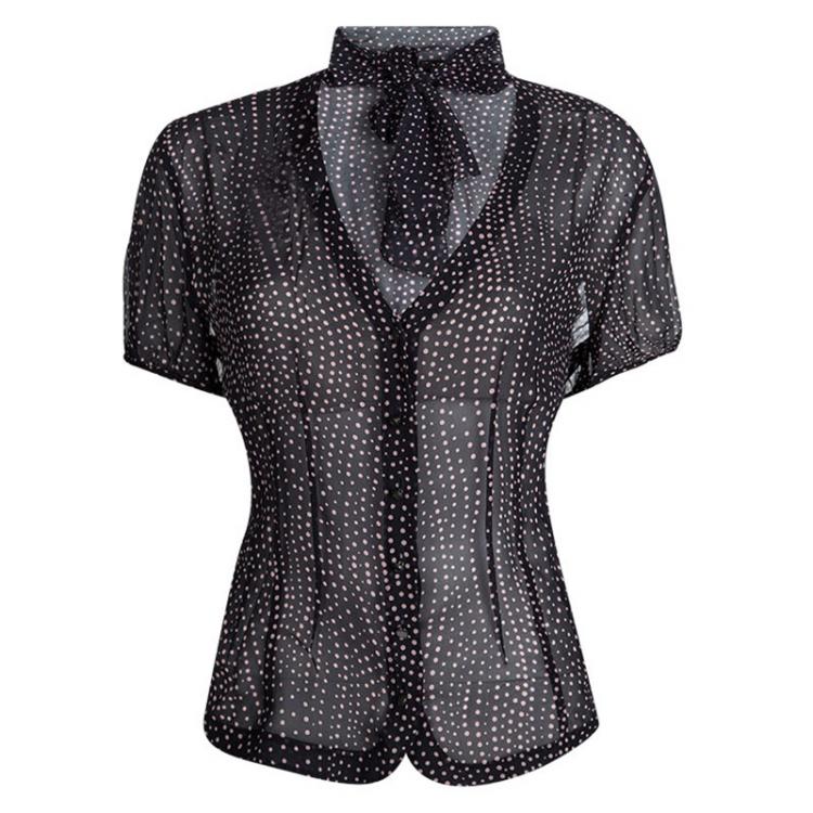Pre Owned Escada Navy Blue Dot Print Silk Blouse and Skirt Set M