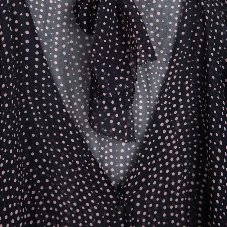 Pre Owned Escada Navy Blue Dot Print Silk Blouse and Skirt Set M
