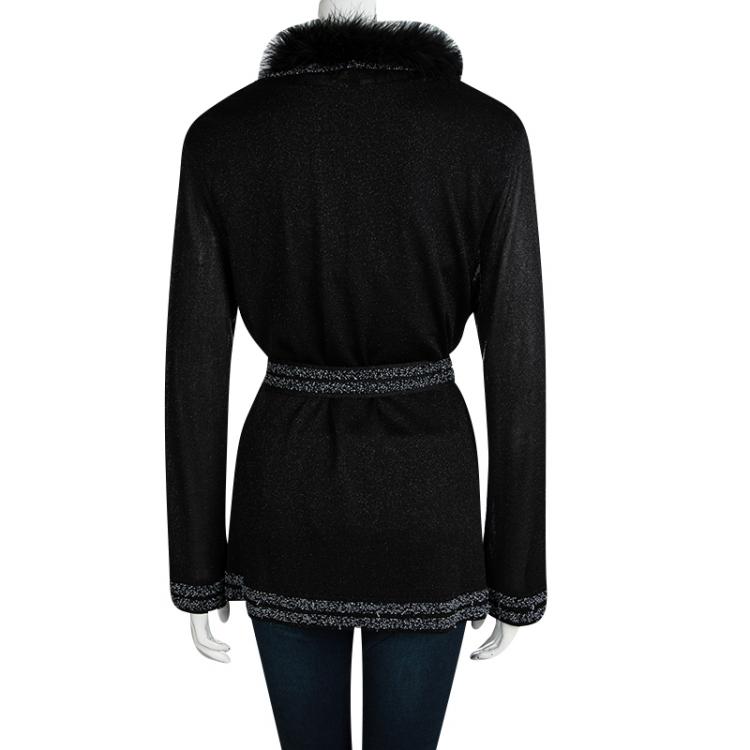Pre Owned Escada Black Lurex Knit Fur Trim  Beaded Cardigan and Sleeveless Top Set M