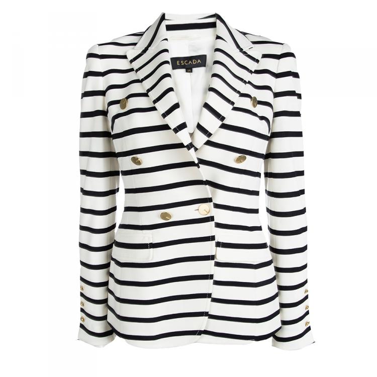 Pre Owned Escada Monochrome Knit Double Breasted Blazer XS