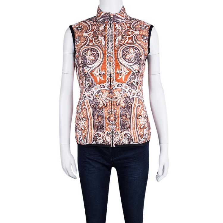 Pre Owned Etro Orange Paisley Printed Quilted Puffer Vest S