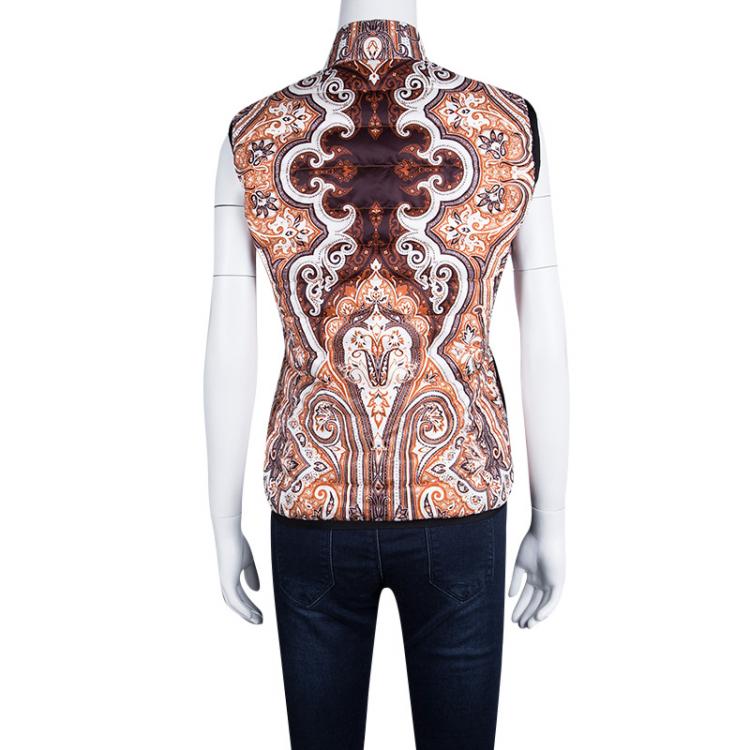 Pre Owned Etro Orange Paisley Printed Quilted Puffer Vest S