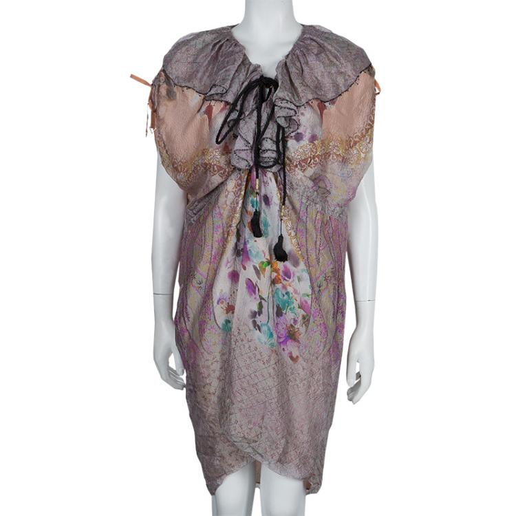Pre Owned Etro Printed Ruffle Collar Tassel Tie-Up Crushed Silk Dress M