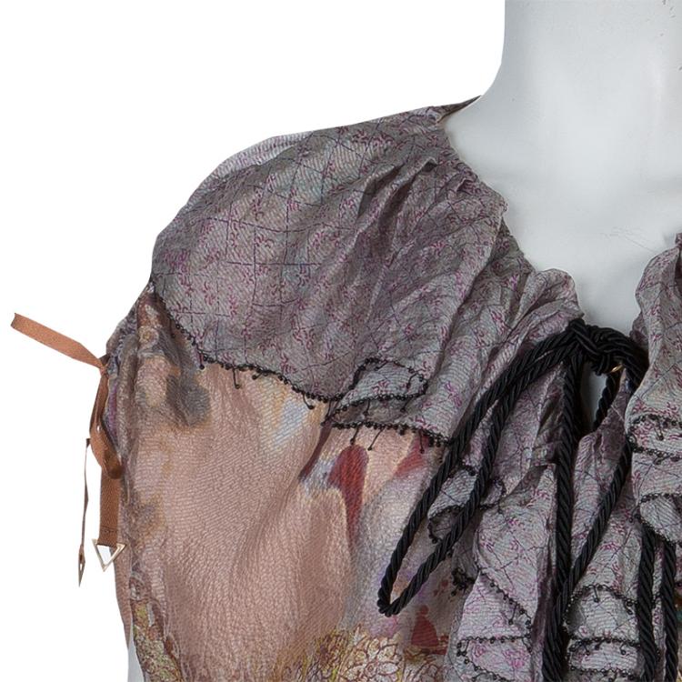 Pre Owned Etro Printed Ruffle Collar Tassel Tie-Up Crushed Silk Dress M