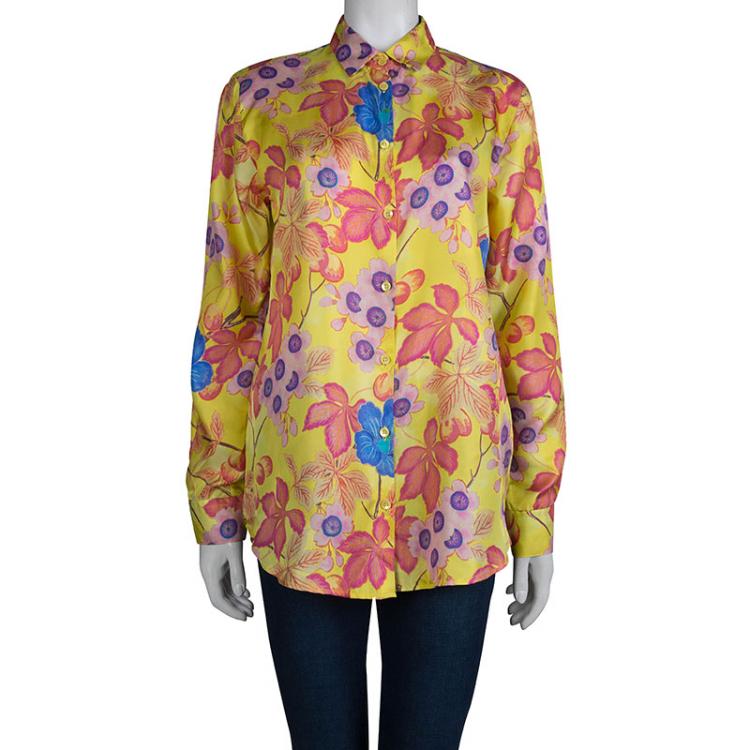 مملوكة مسبقًا Etro Yellow Floral Printed Silk Long Sleeve Button Front Shirt L