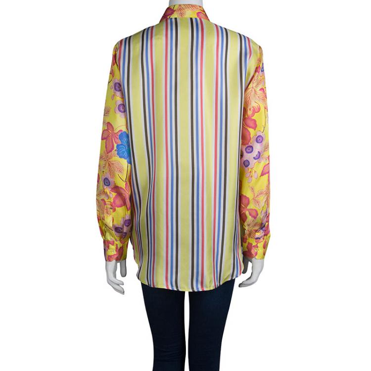 مملوكة مسبقًا Etro Yellow Floral Printed Silk Long Sleeve Button Front Shirt L