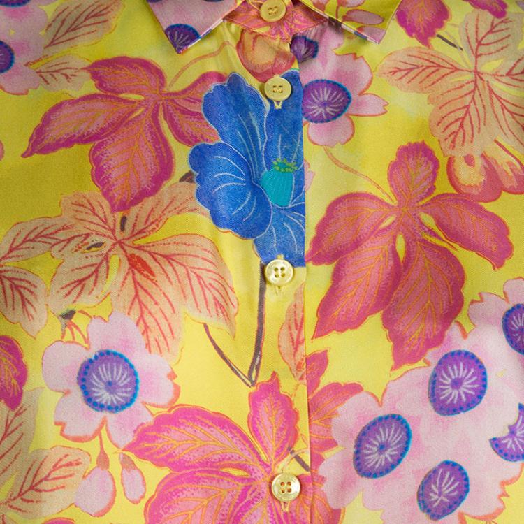 مملوكة مسبقًا Etro Yellow Floral Printed Silk Long Sleeve Button Front Shirt L
