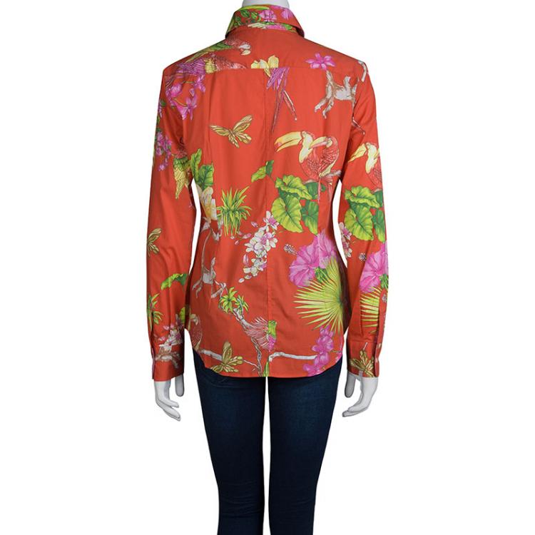 Pre Owned Etro Red Floral Printed Cotton Long Sleeve Button Front Shirt L