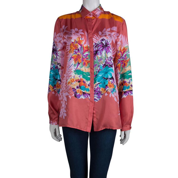 Pre Owned Etro Red Floral Printed Silk Long Sleeve Button Front Shirt L