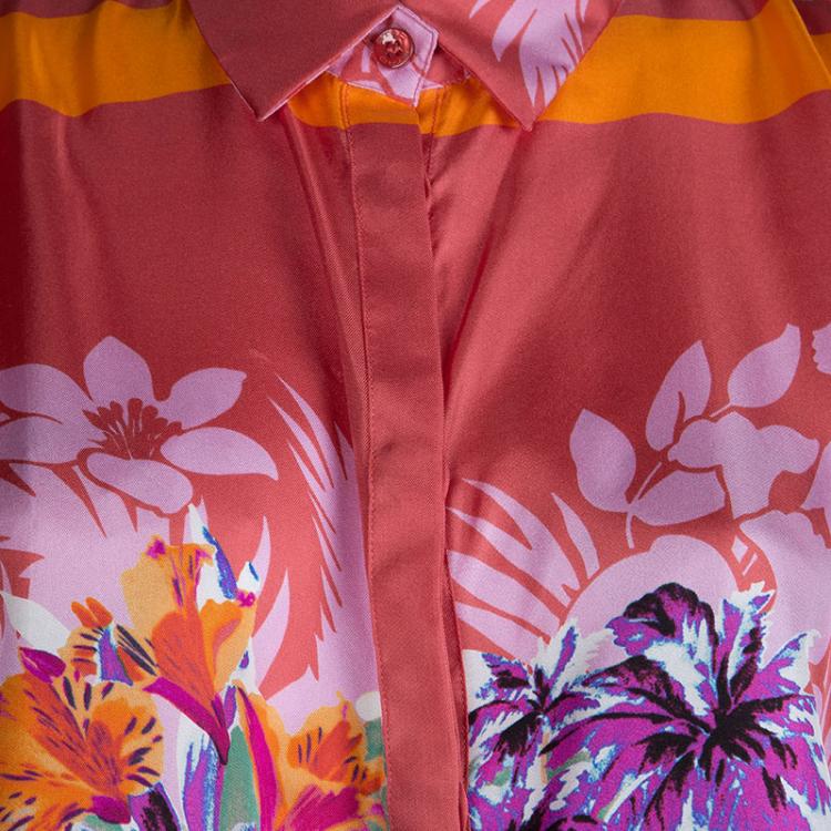 Pre Owned Etro Red Floral Printed Silk Long Sleeve Button Front Shirt L