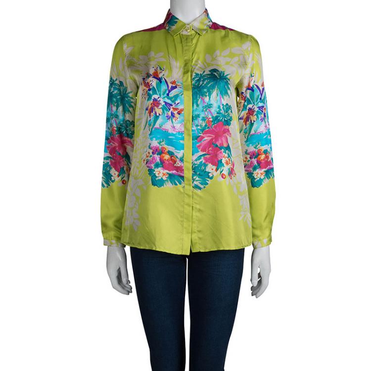 Pre Owned Etro Lime Green Floral Printed Silk Long Sleeve Button Front Shirt S