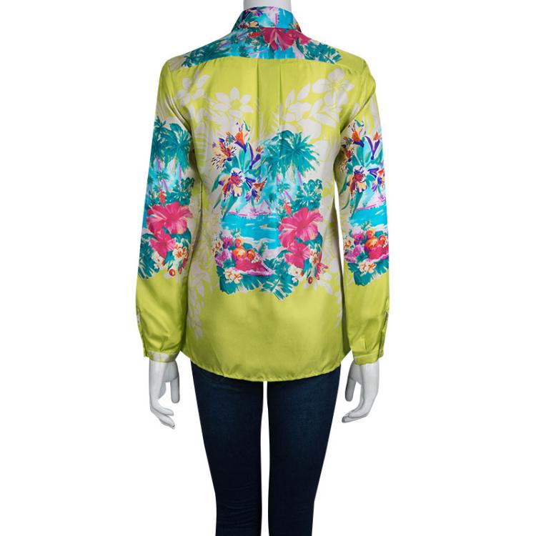 Pre Owned Etro Lime Green Floral Printed Silk Long Sleeve Button Front Shirt S